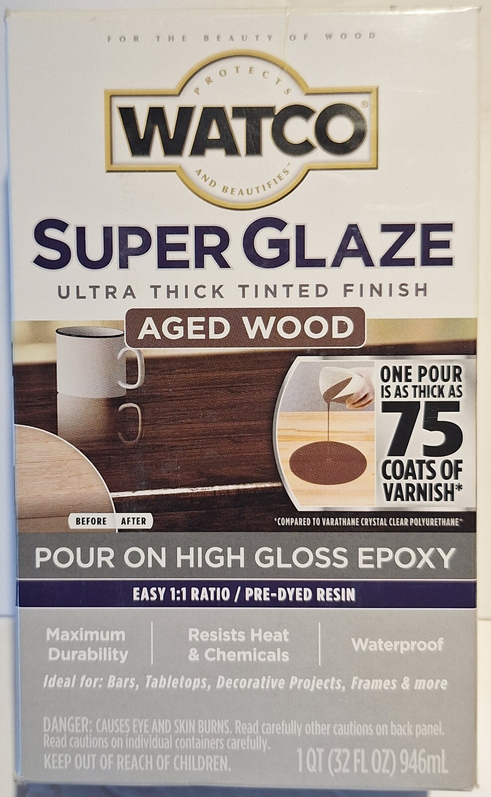 Watco Super Glaze Pour On High Gloss Epoxy 1 Quart Aged Wood Resin NIB