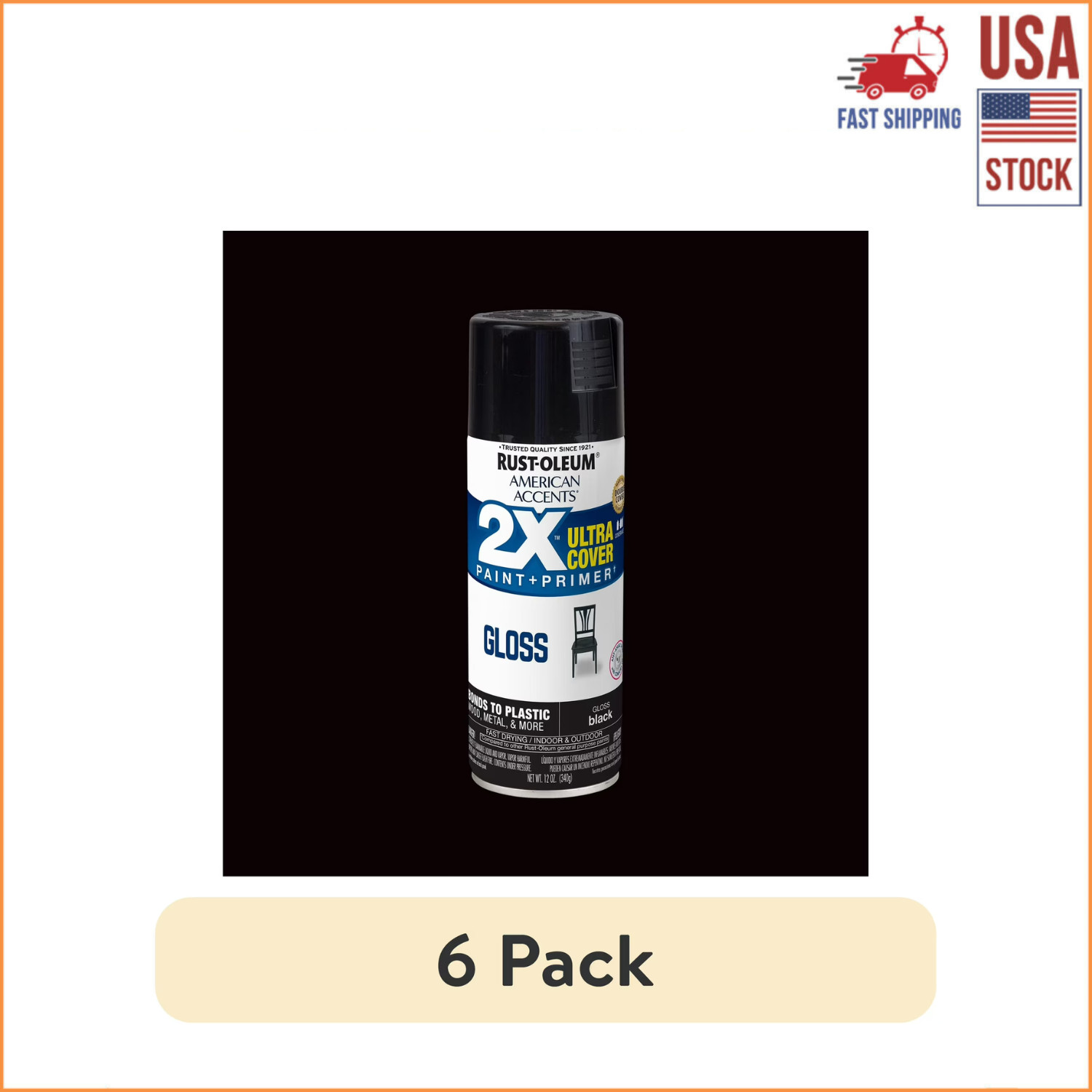 (6 PACK) American Accents 2X Ultra Cover Gloss Spray Paint, 12 oz, [Black]