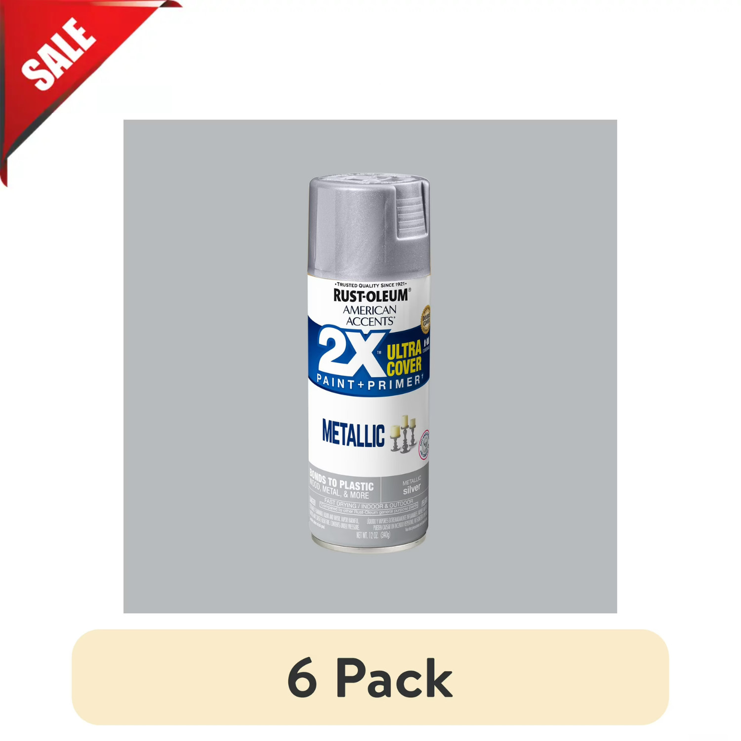Rust-Oleum 2X Ultra Cover Metallic Silver Spray Paint 11 oz Paint+Primer, 6 Pack