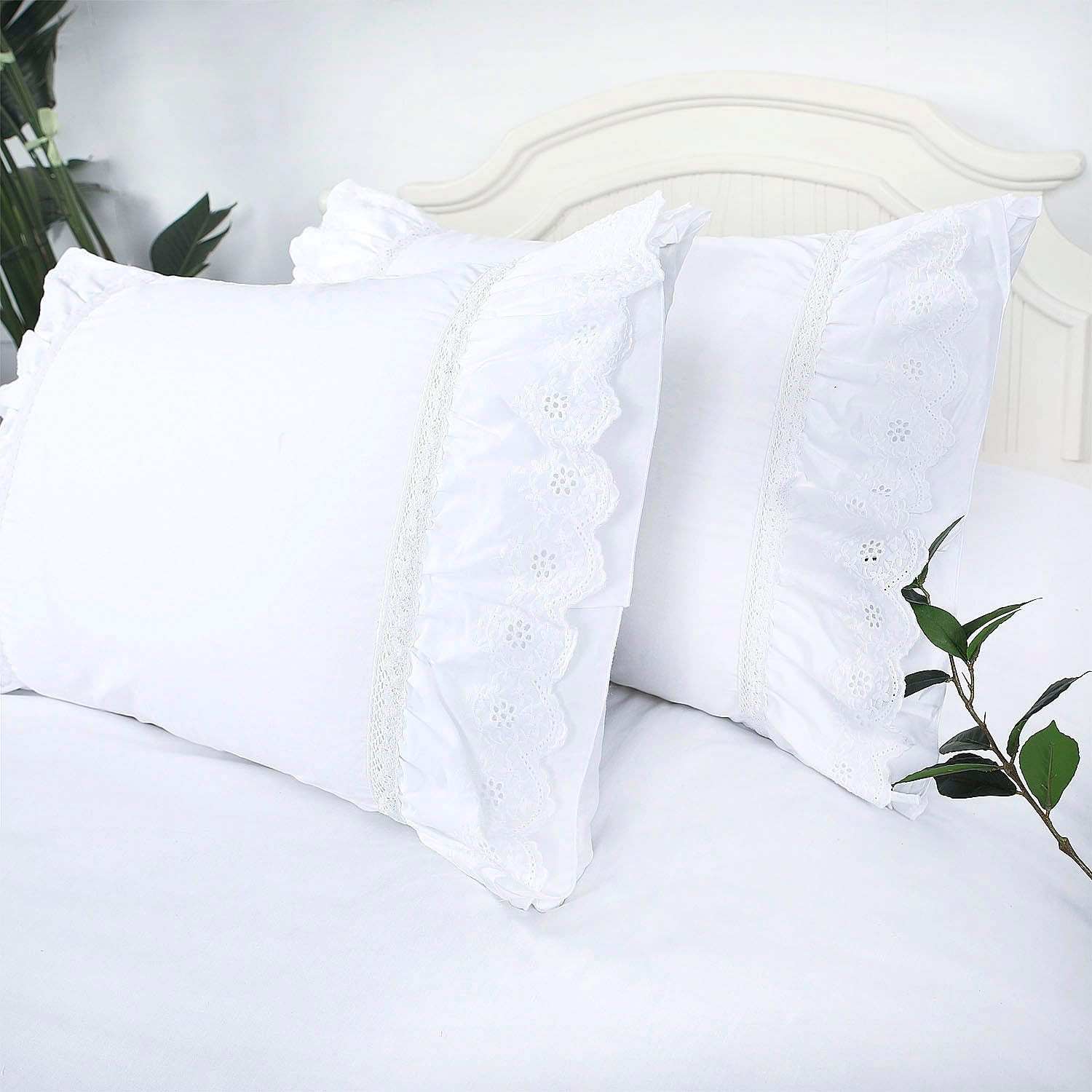 Eyelet Pillow Shams Lace Ruffled Standard White Shabby Chic Farmhouse Pillowcase