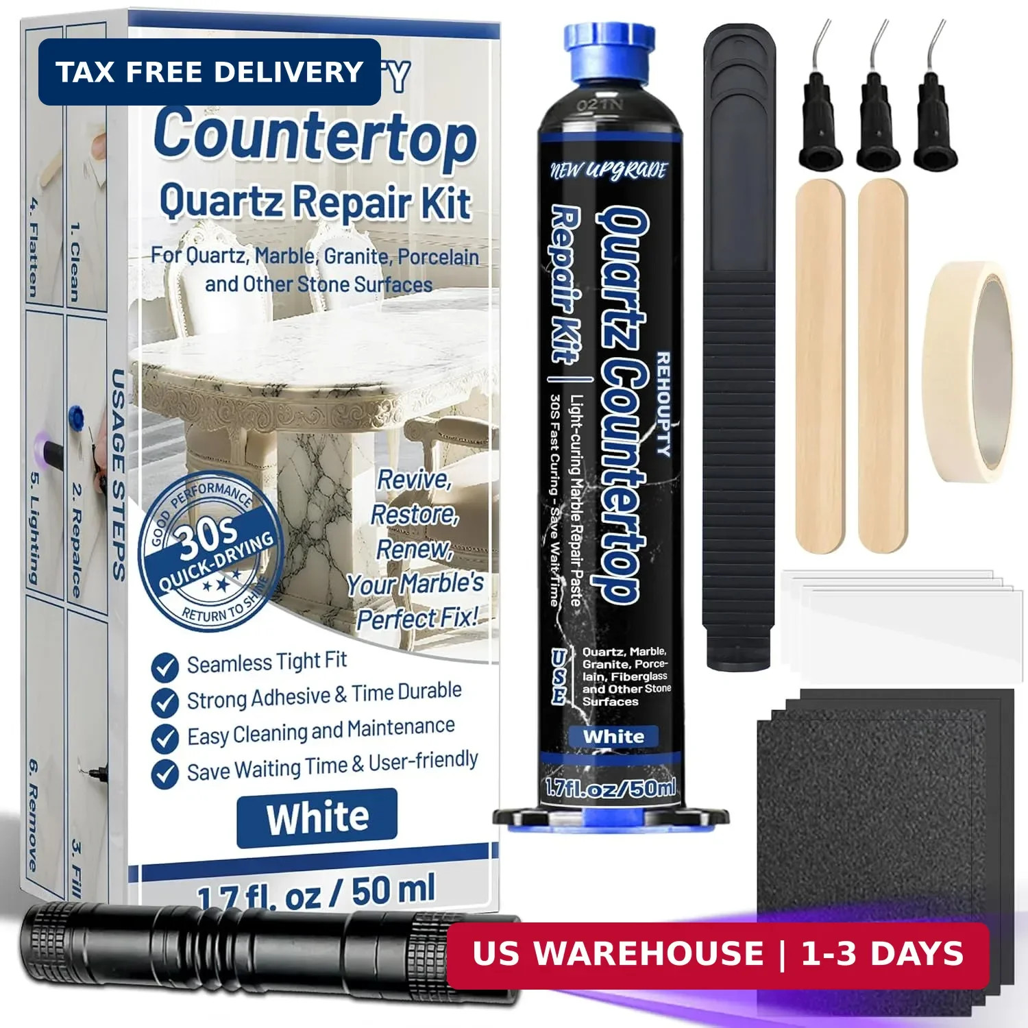 Quartz Countertop Repair Kit 1.7fl.oz / 50ml – 30s Fast Curing DIY Fix Quartz Ch