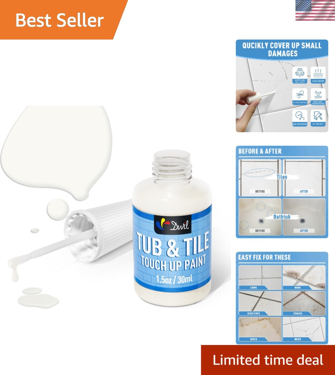 Quick-Drying Touch Up Paint for Bathtub & Tile – 1.5 Fl Oz Floral White Finish