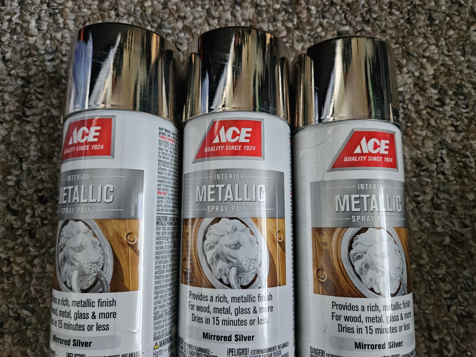 (3) 11.5oz ACE METALLIC MIRRORED SILVER INTERIOR SPRAY PAINT WOOD METAL GLASS