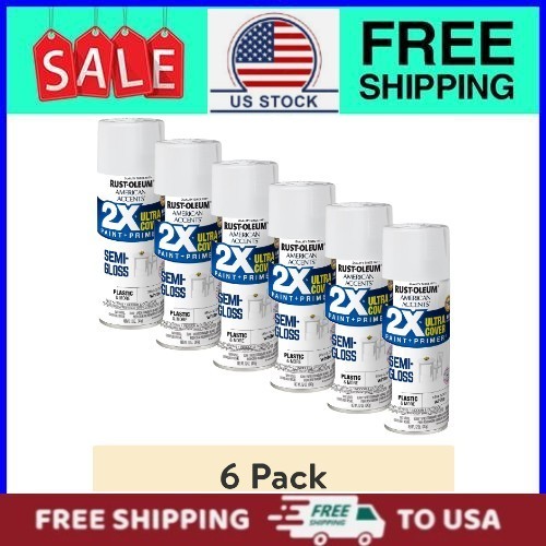 (6 pack) White, Rust-Oleum American Accents 2X Ultra Cover Semi-Gloss Spray Pain