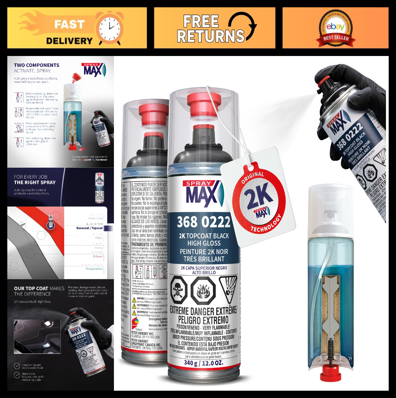 High Gloss Black 2K Automotive Spray Paint | Durable Weather Resistant Finish 12