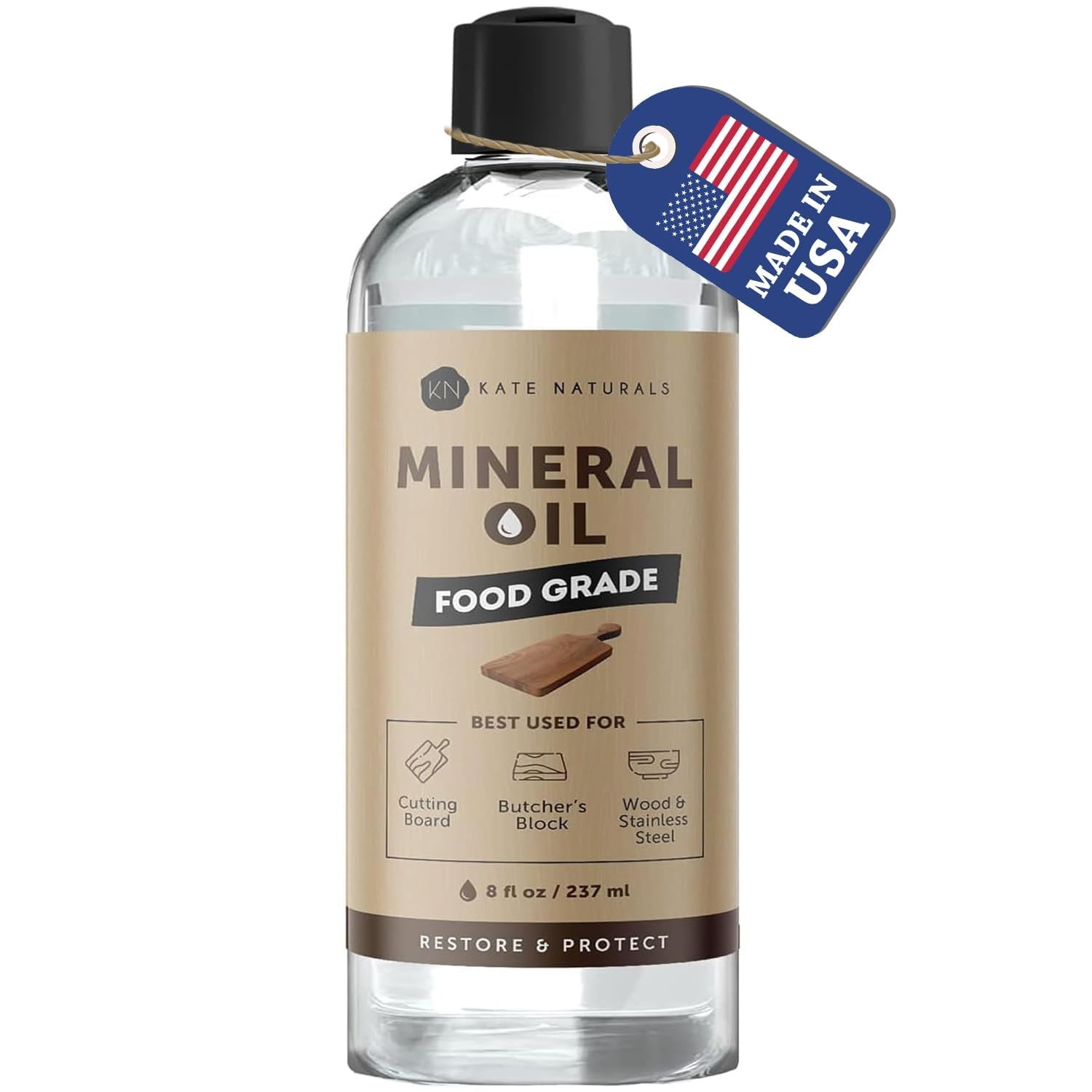 Kate Naturals Mineral Oil for Wood Cutting Board, Butcher 8 fl oz, Clear