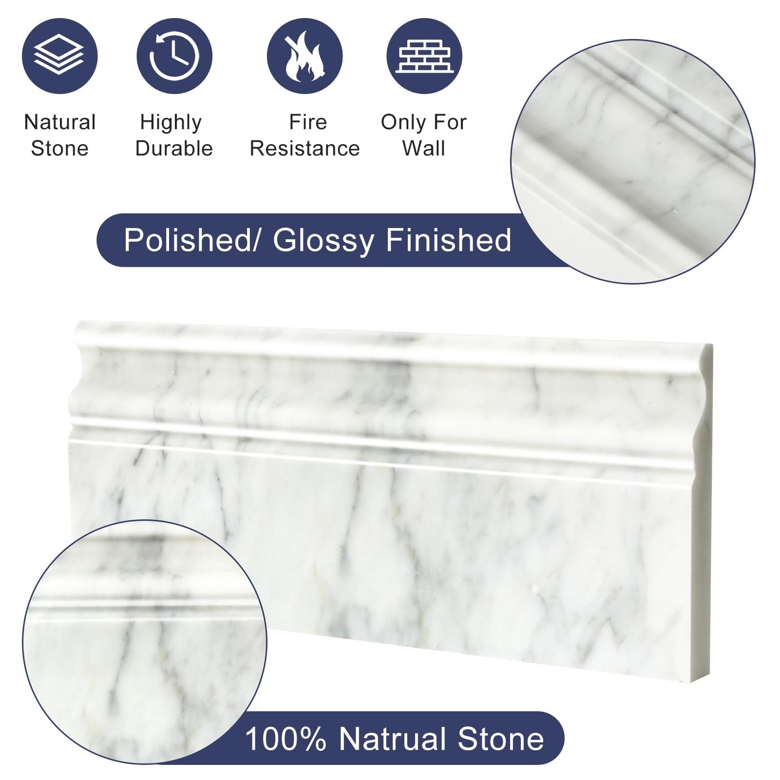 4 Pack Carrara White Marble Baseboard Trim Molding 5 x12” Polished Wall Base…