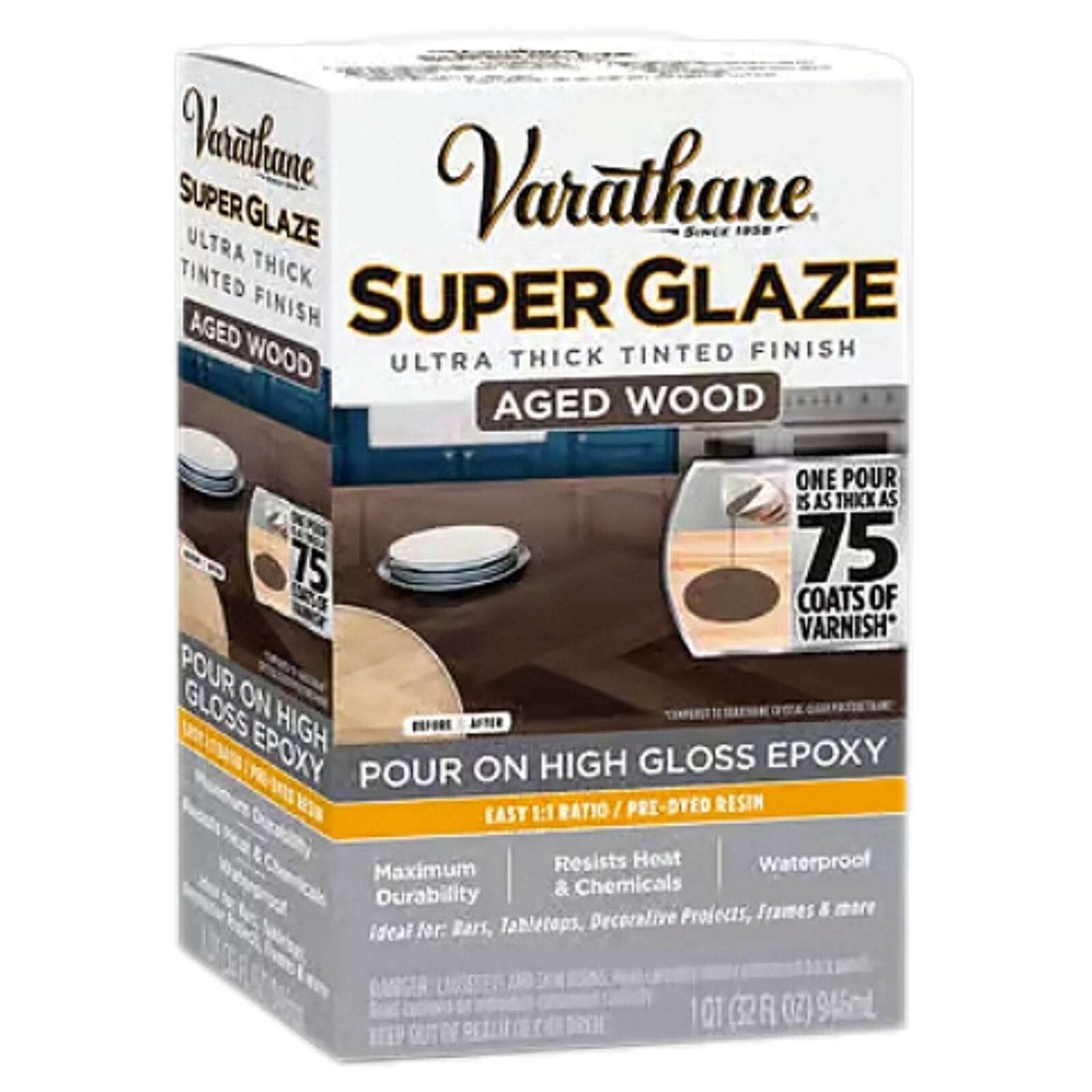 Varathane Epoxy Resin Super Glaze Pour-On High Gloss Quart Kit 32 oz Aged Wood