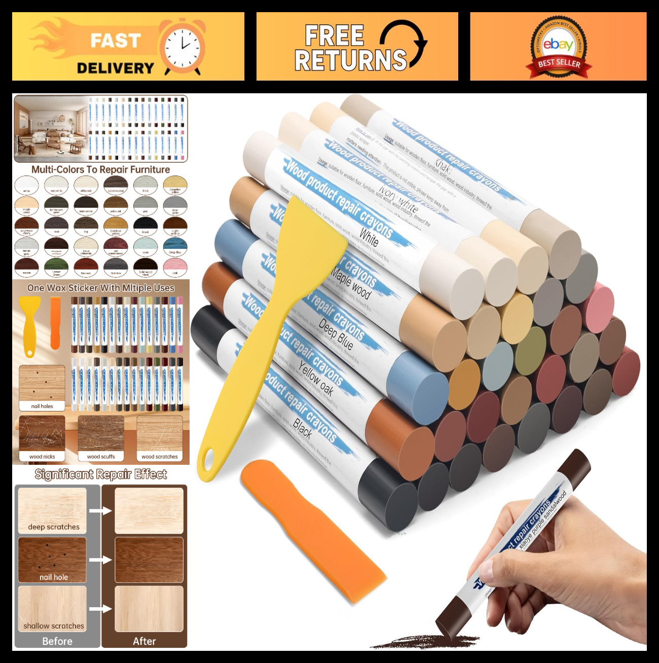 30+2P Wood Filler Sticks Set – 30 Colors Putty Wax Crayons for Furniture Repair