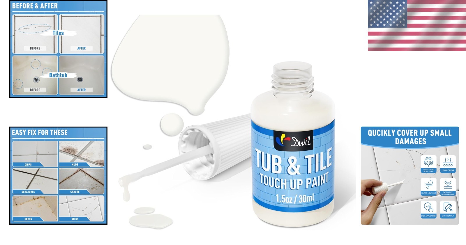 Quick-Drying Touch Up Paint for Bathtub & Tile – 1.5 Fl Oz Floral White Finish