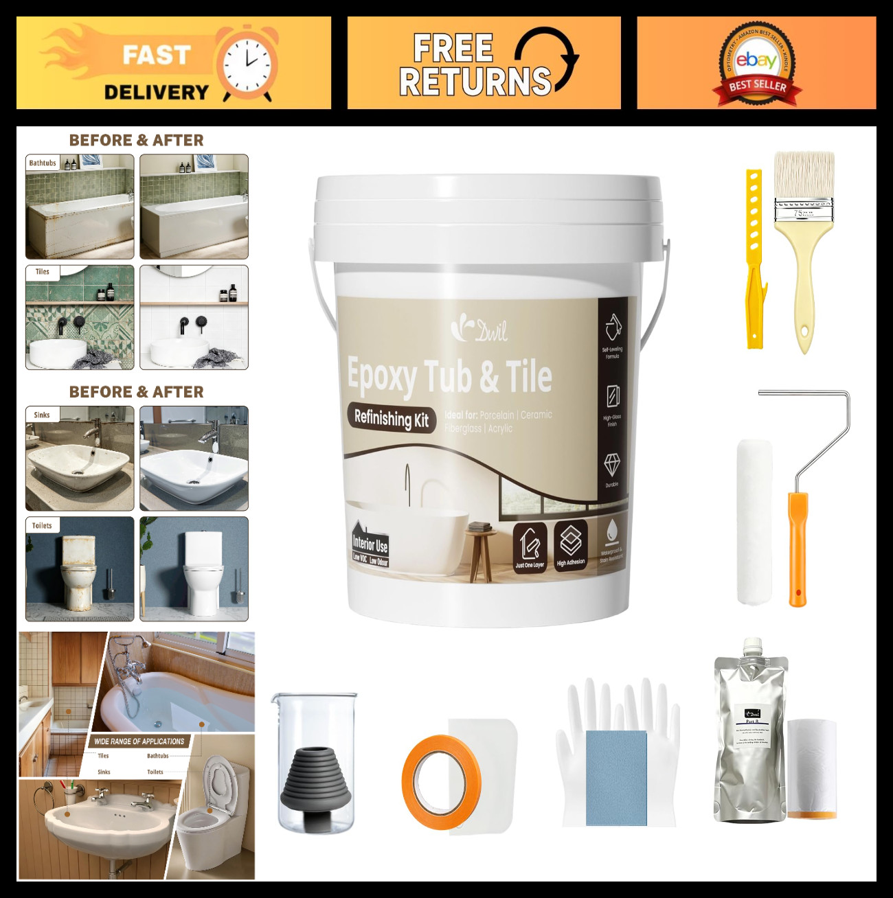 Epoxy Tub Refinishing Kit – Waterproof, Low Odor, High Gloss White Paint for Bat