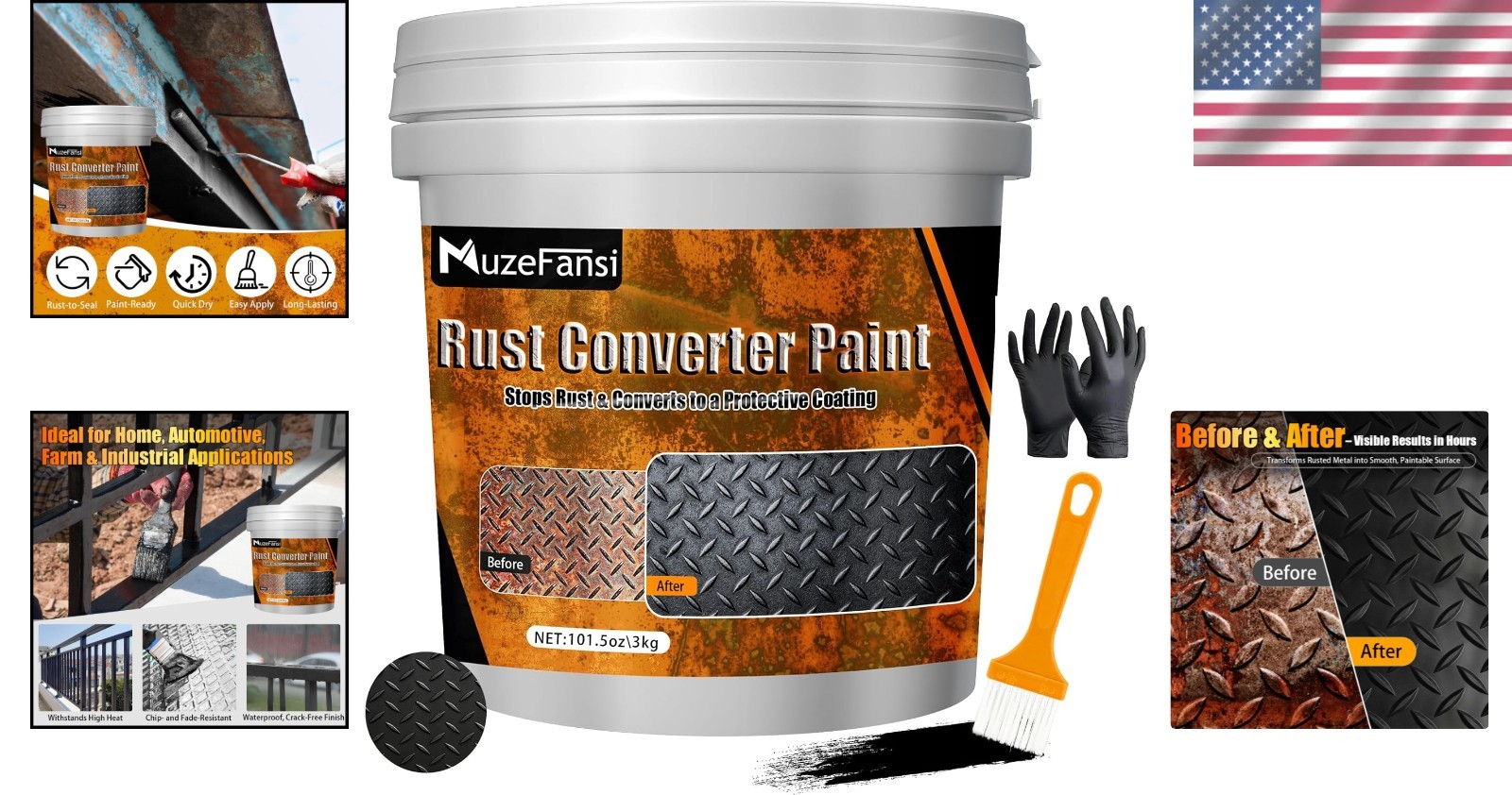 Rust Converter Paint 101.5oz Black, Water-Based Metal Primer, Rust Inhibitor