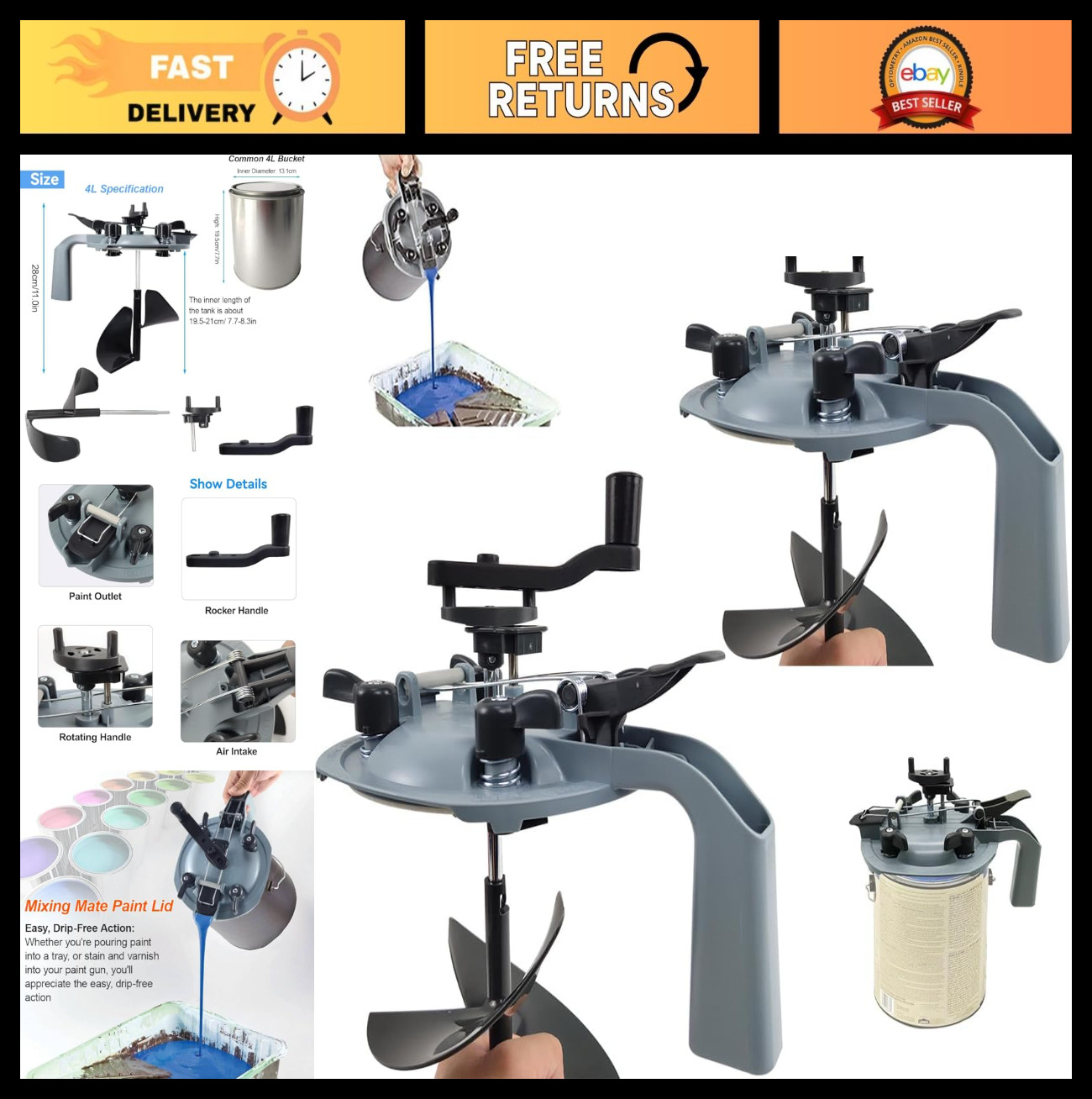 2 PCS Paint Mixing Lid Kit – 4L/1 Gallon Mixer with Drip-Free Spout & Hand Crank