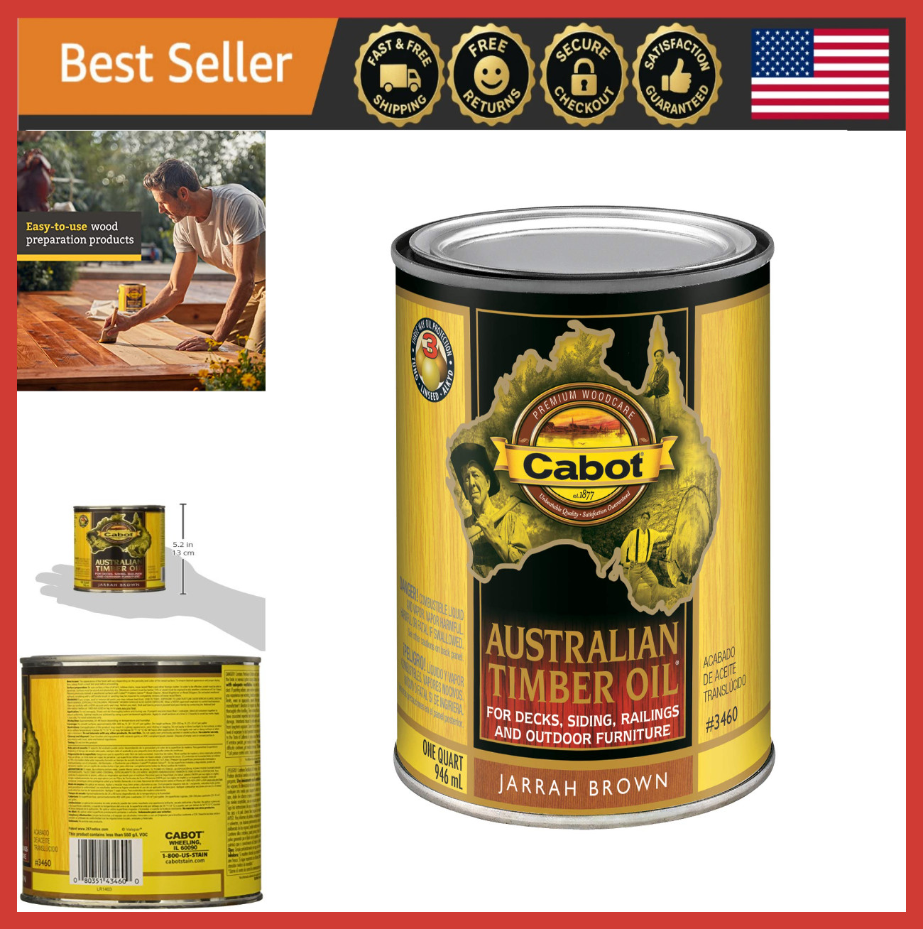 Australian Timber Oil Wood Stain Protector, Jarrah Brown, 1 Quart, Outdoor Decki