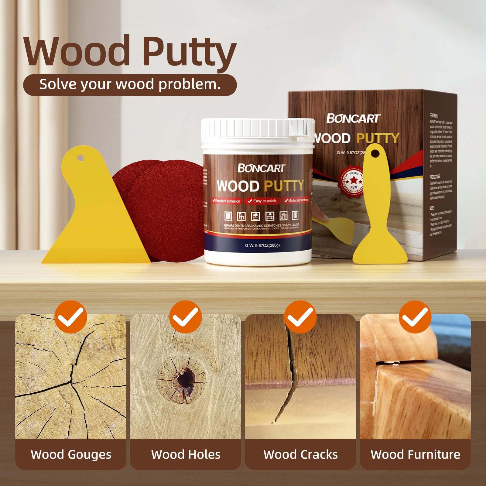BONCART Wood Filler – Ebony, Paintable, Stainable, Sandable. Quickly Ebony
