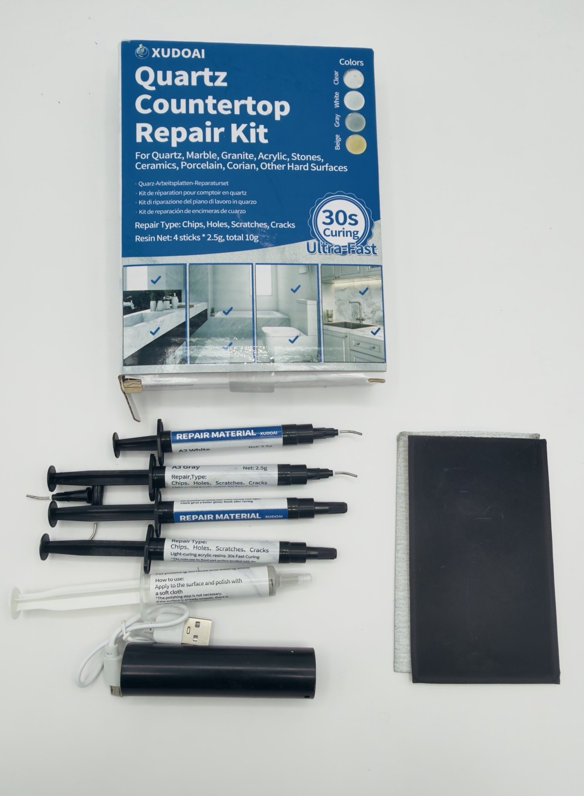 Quartz Countertop Repair Kit (Clear, White, Gray, Beige) 30S Fast Curing DIY Fix