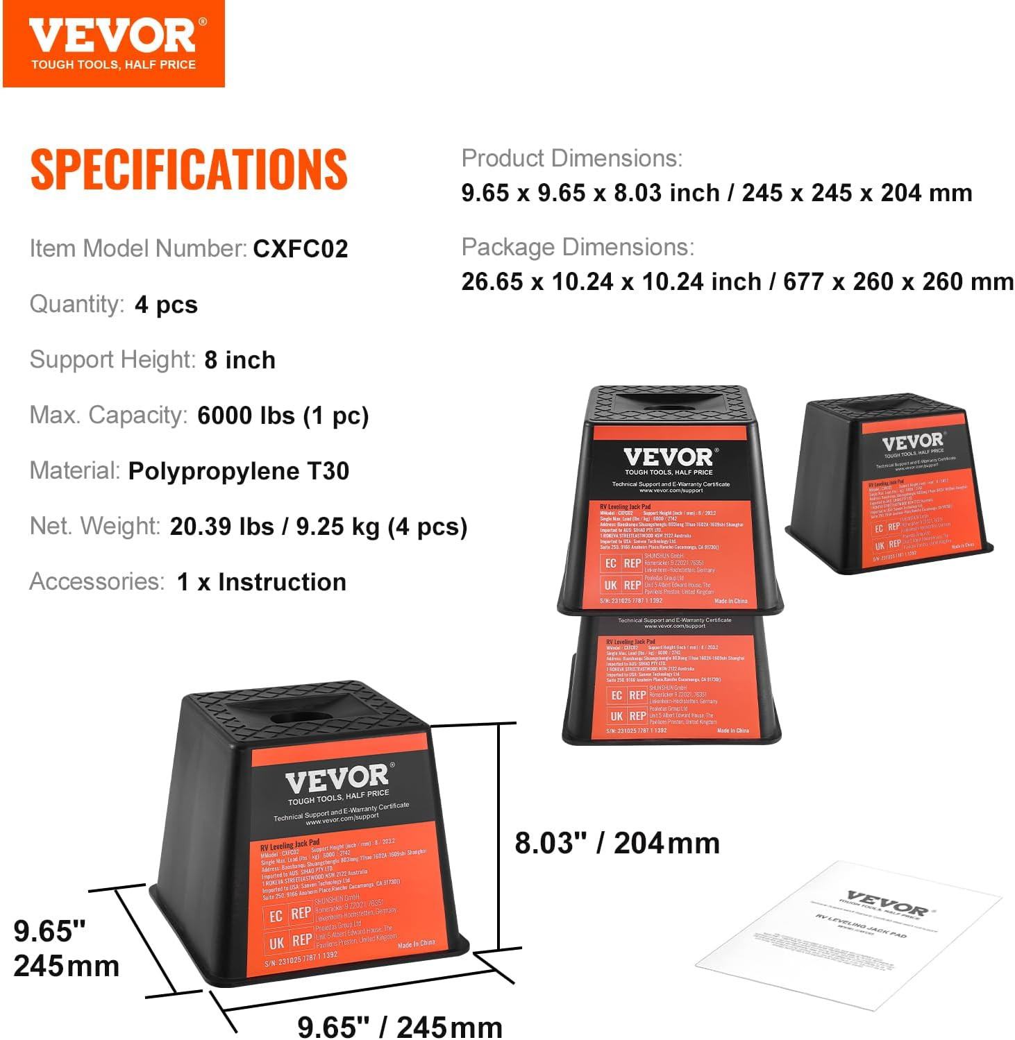 VEVOR Trailer Jack Block, 6000 Lbs Capacity per RV Leveling Block, Polypropylene