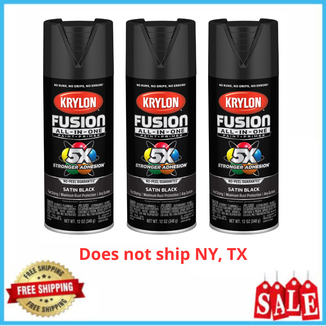 3 Pack Krylon Fusion All-In-One Spray Paint, Satin Black, 12 oz, Plastic Metal