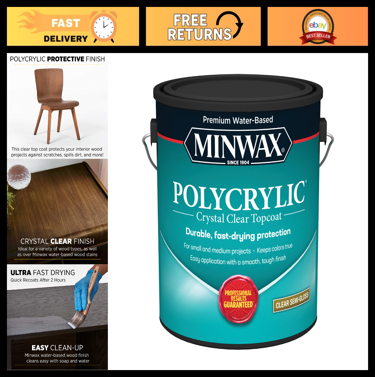 Clear Polycrylic Protective Finish – 1 Gallon Water-Based Semi-Gloss Coating