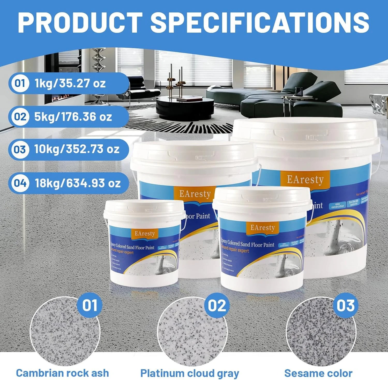 High Gloss Epoxy Floor Paint Self Leveling Non Slip Marble Finish 5KG Gray