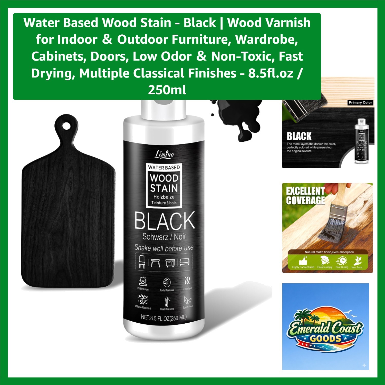 Water Based Wood Stain – Black | Wood Varnish for Indoor ＆ Outdoor Furniture,…