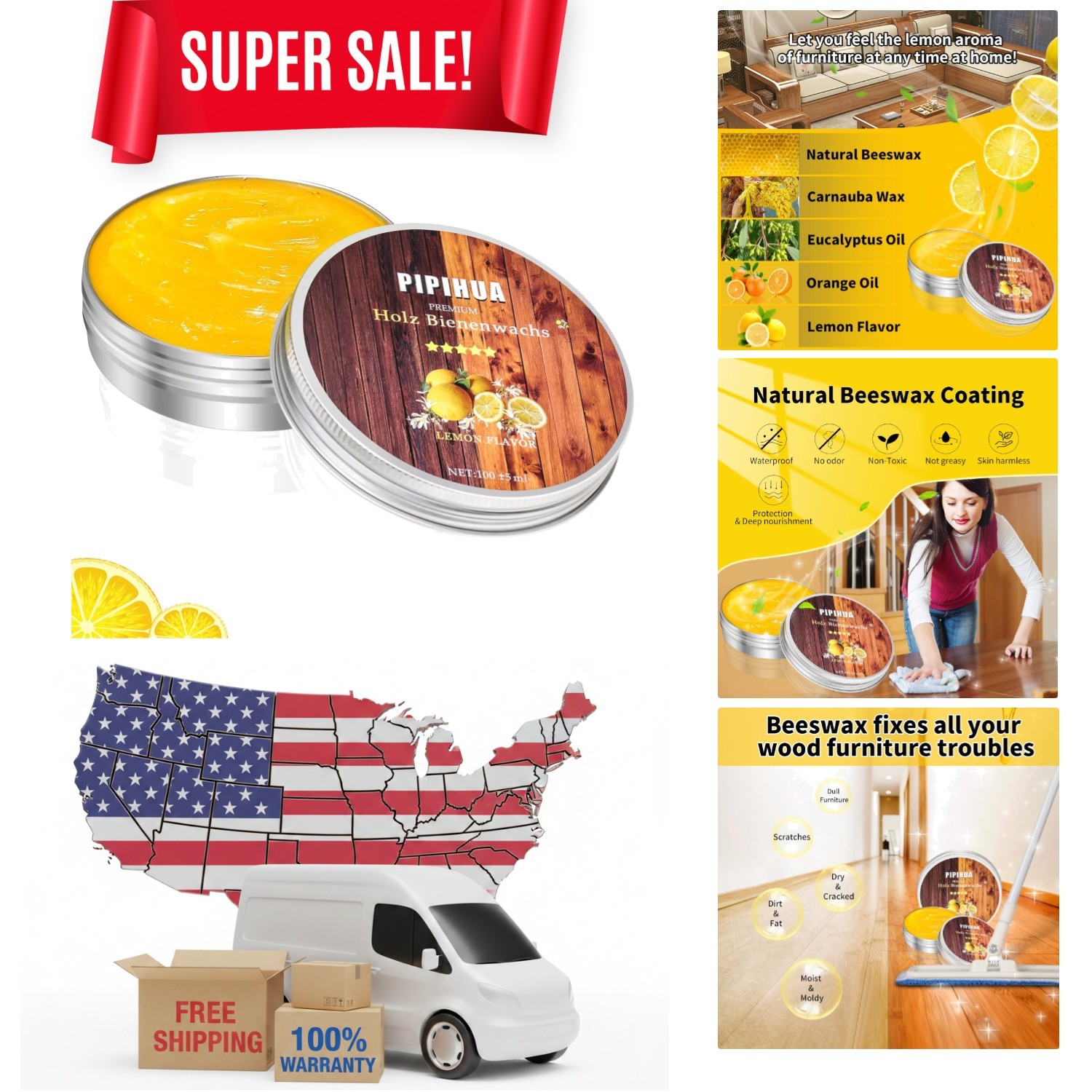 Wood Furniture Polish: 100g Beeswax Cream, Lemon Scent with Sponge for Easy Use
