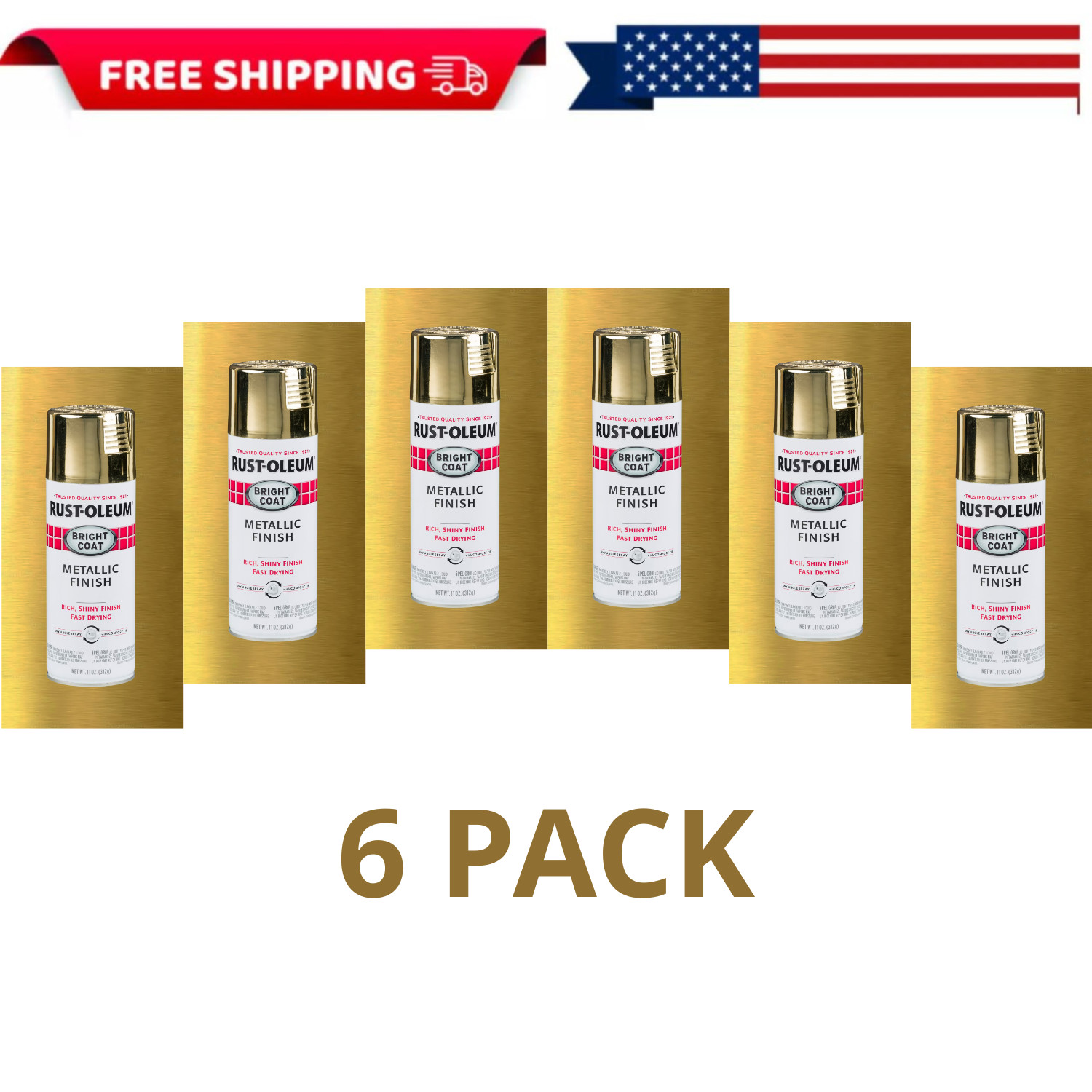 Gold, Rust-Oleum Stops Rust Bright Coat Metallic Spray Paint-7710830, 11 oz, 6PK