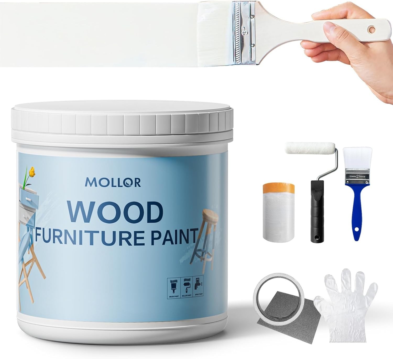 Pintura para madera de acabado mate de 16oz para muebles blanca con herramientas