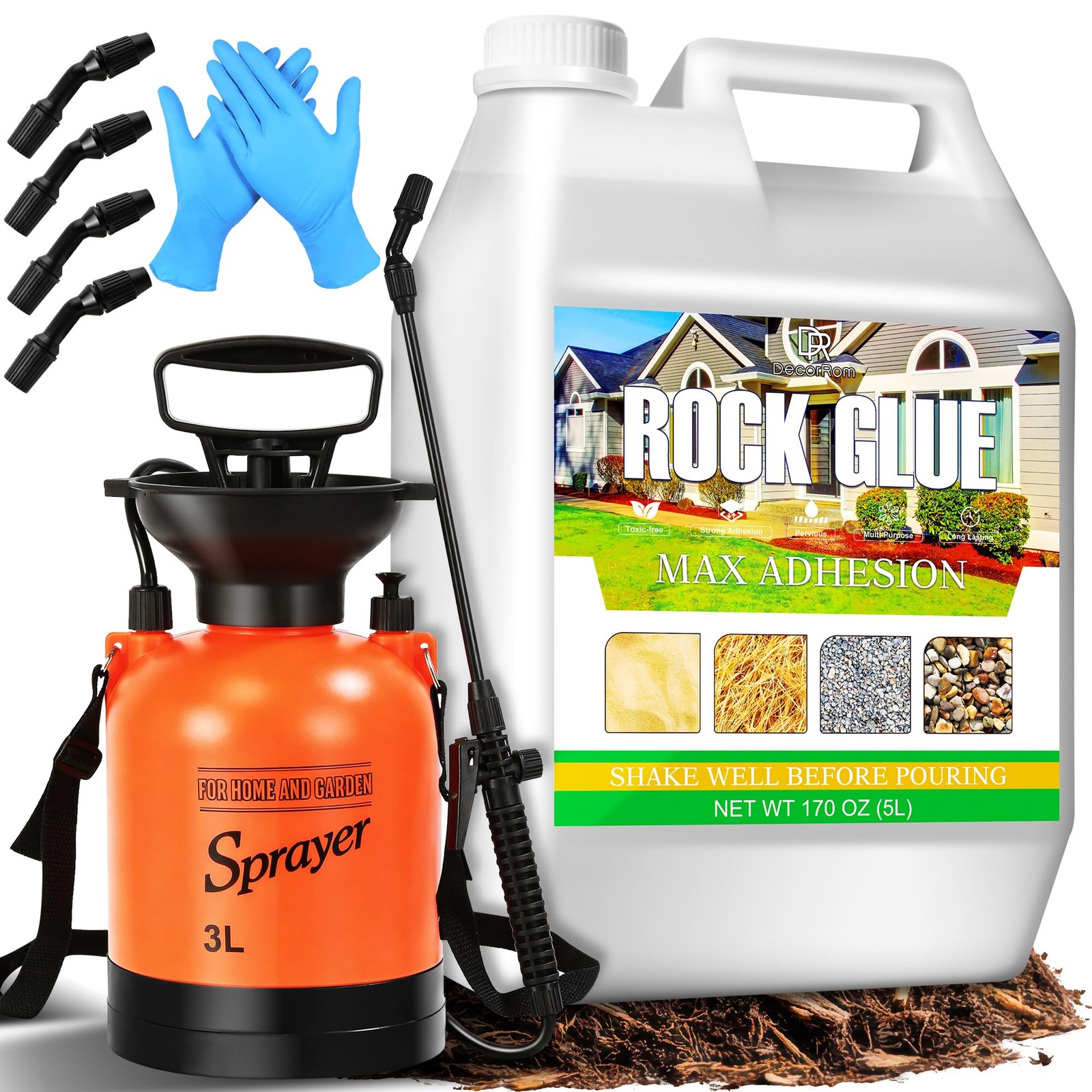 Mulch Glue for Landscaping with Sprayer, 1.3 Gallon Rock Glue, Transparent