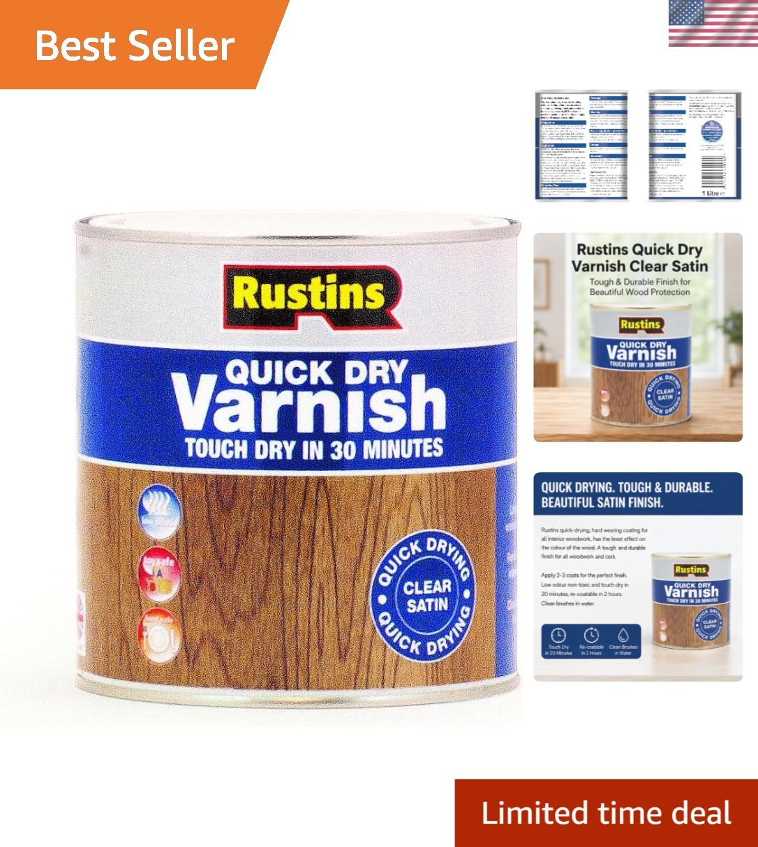 Quick Dry Satin Varnish 1L – Water-Based, Clear Finish, Touch Dry in 30 Min
