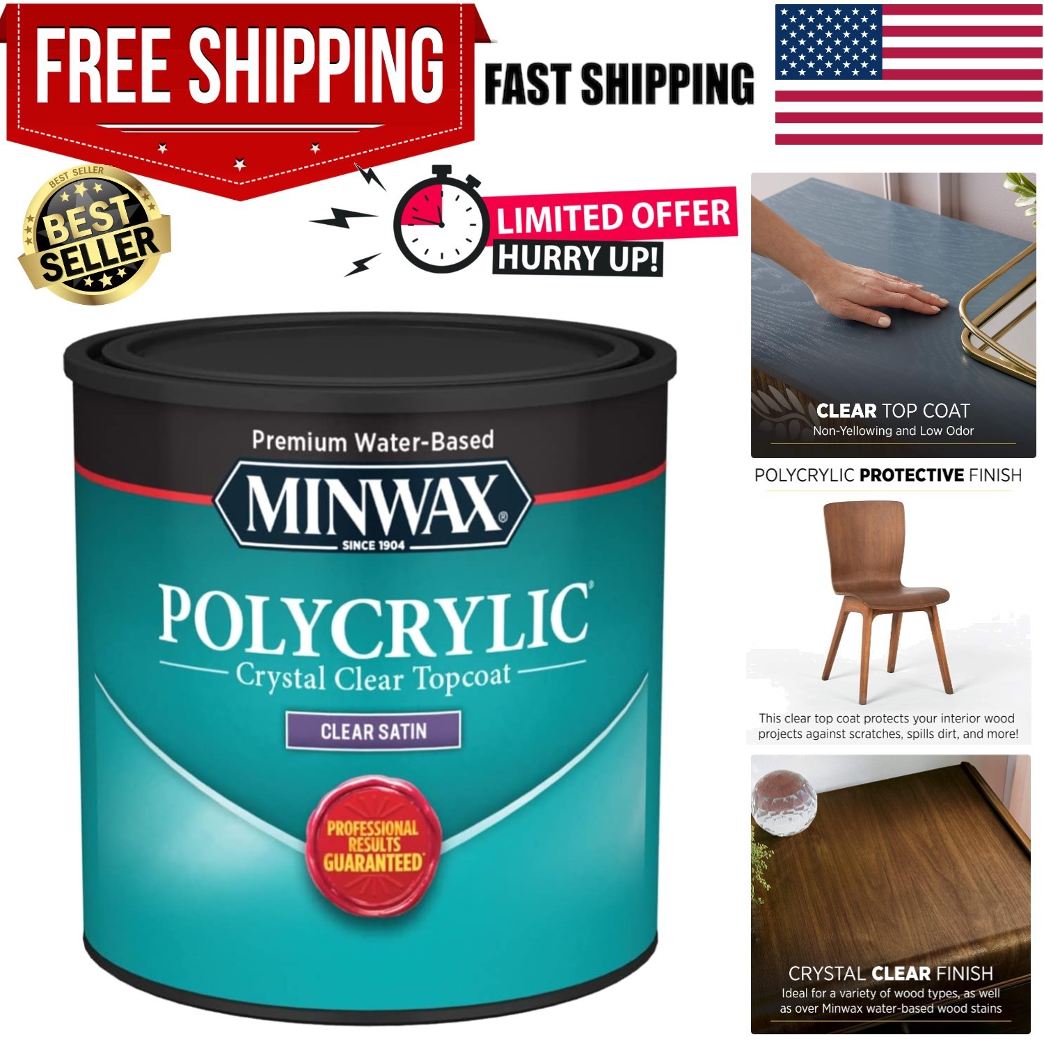 Minwax Polycrylic Protective Finish, Clear Satin ½ Pint – Fast Drying & Durable