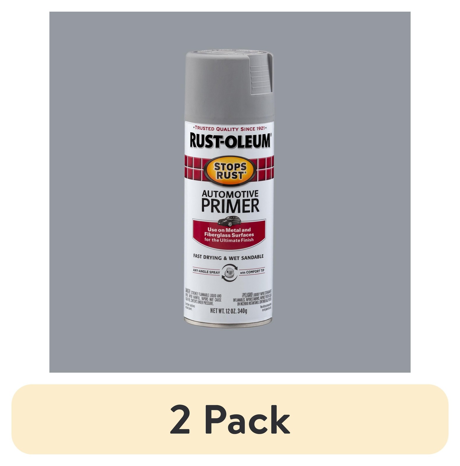 2 pack Light Gray Stops Rust Automotive Primer Flat Spray 12 oz
