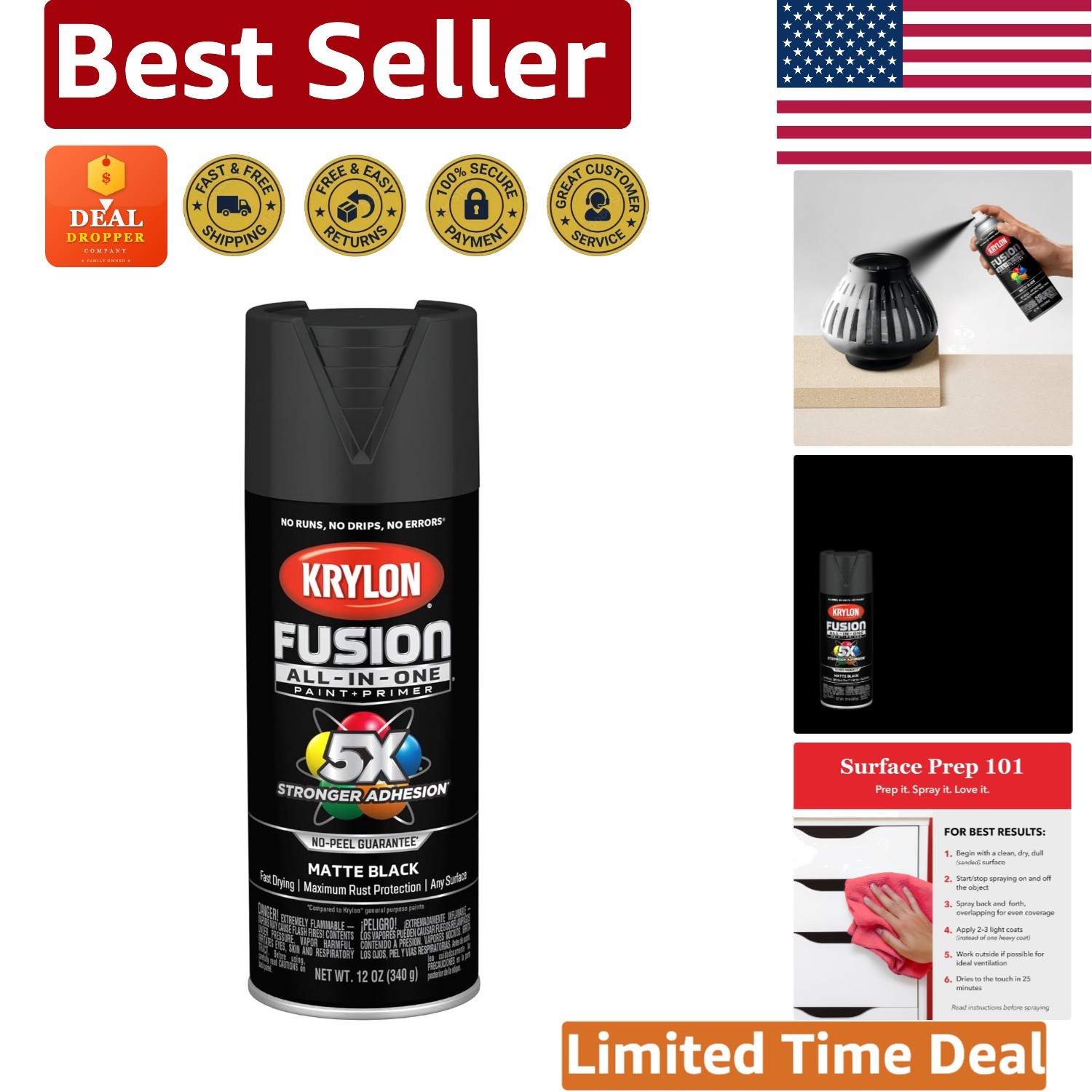 Versatile Fusion Matte Black Spray Paint, 12 oz – Indoor/Outdoor Use, Fast Dry