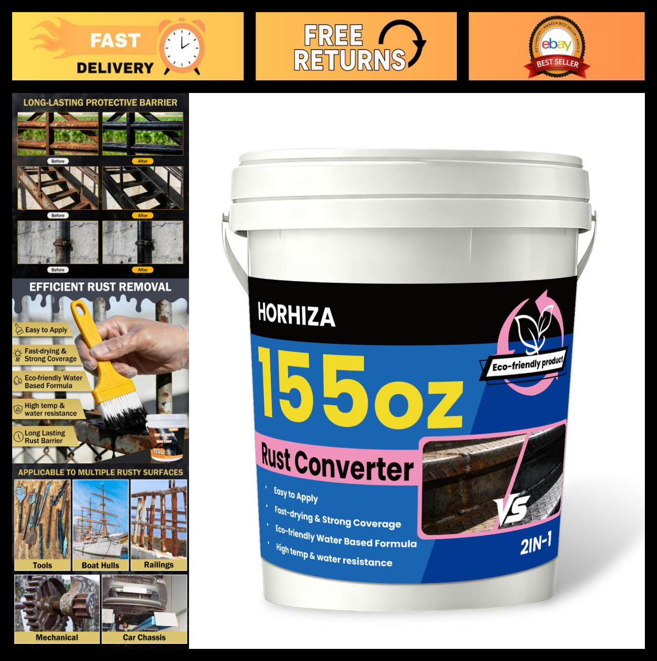 2-in-1 Rust Converter & Metal Primer – 155 Oz Black Anti-Rust Paint for Cars, Ma