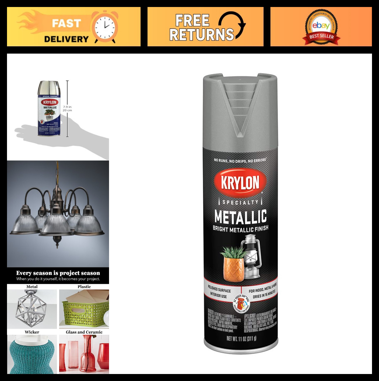 Metallic Chrome Aluminum Spray Paint – 11oz, High-Gloss Finish, DIY Crafting