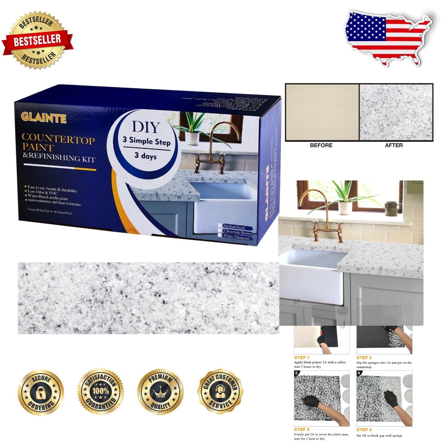 White Diamond Granite Paint Kit Gloss Finish 52oz 38sqft Fast Dry