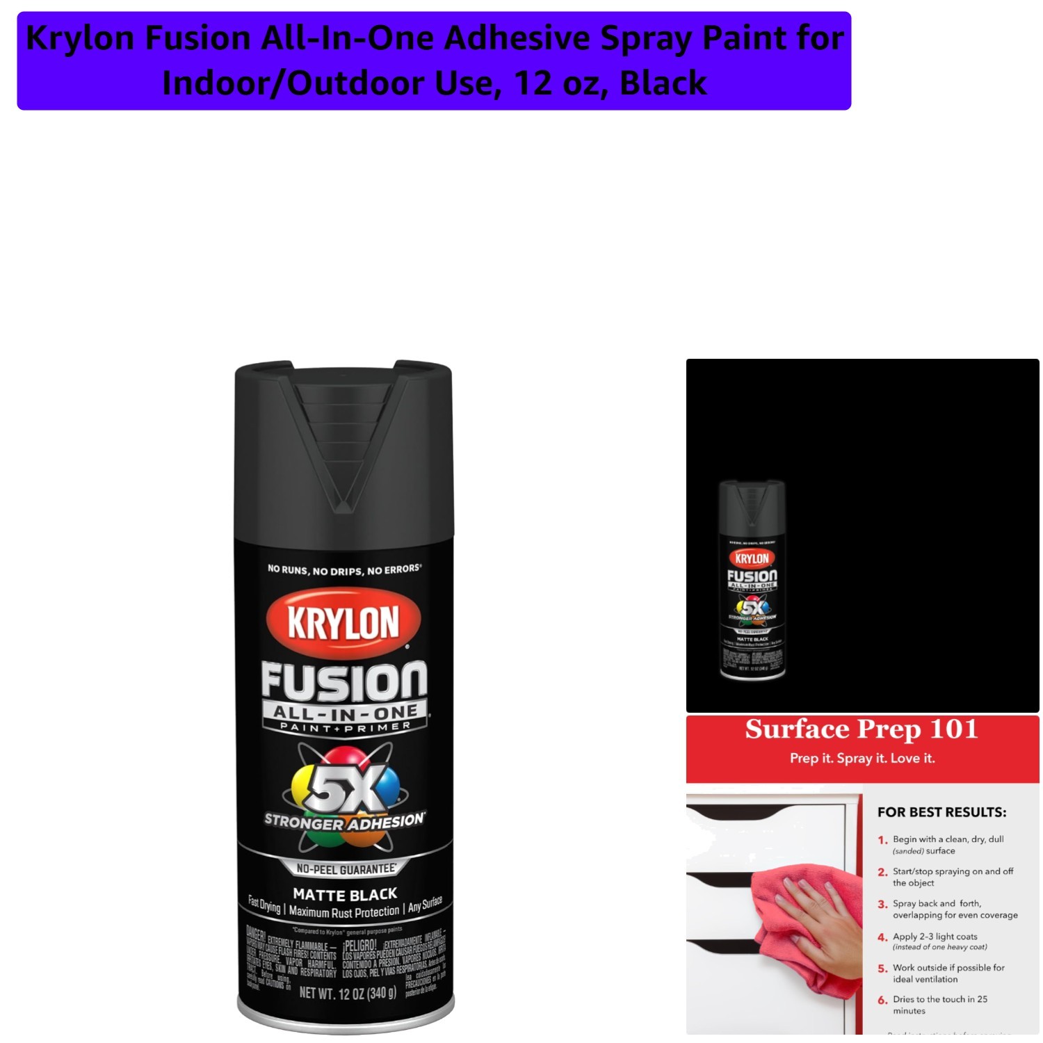 12oz Fusion Adhesive Spray Paint – Quick Dry, Matte Black for Indoor/Outdoor Use