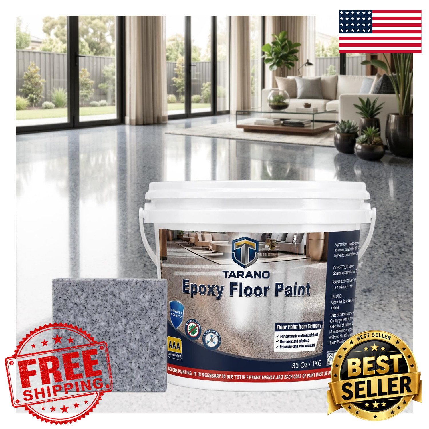 Epoxy Colored Sand Floor Paint Self-Leveling Concrete Garage Patio Non-Slip 35oz