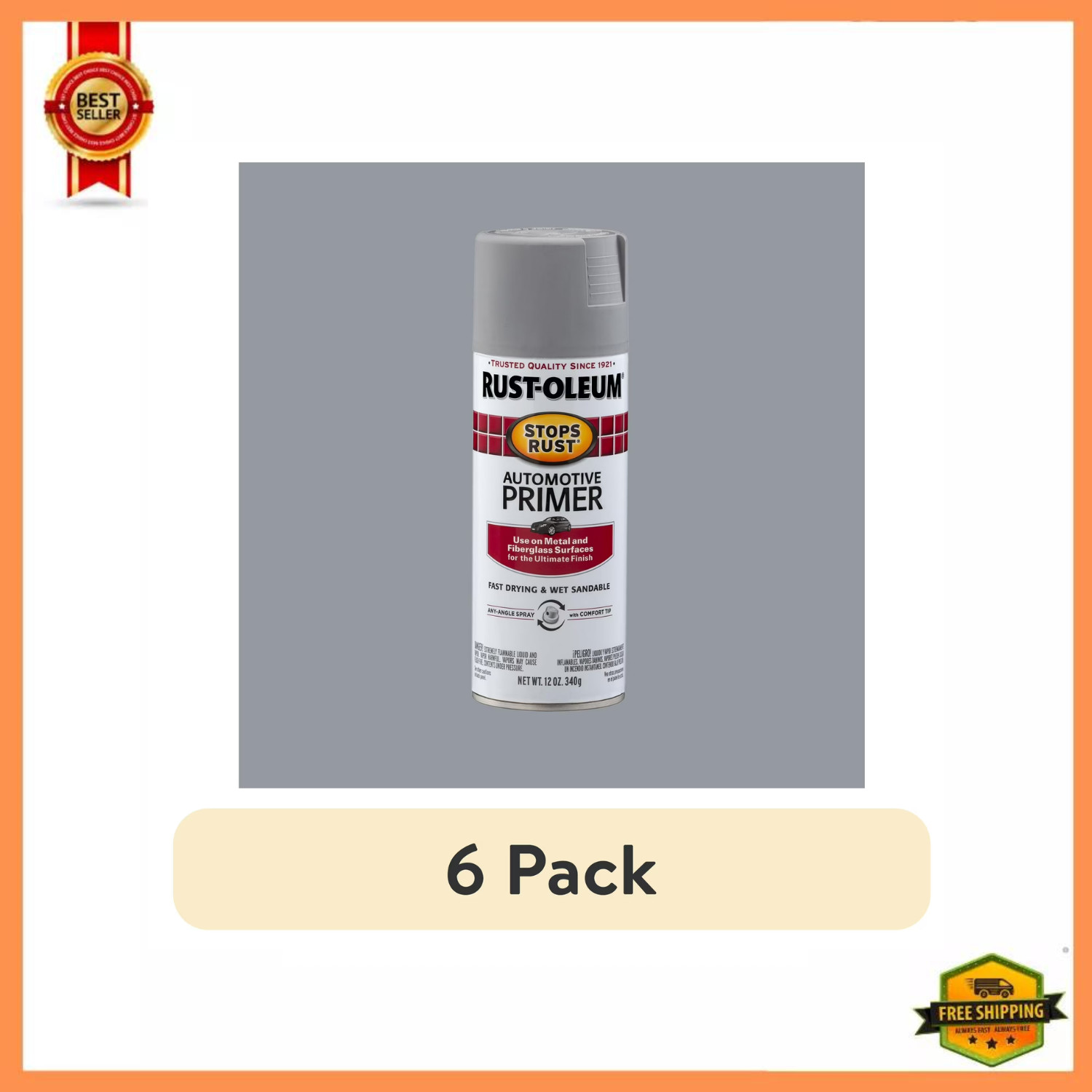 Rust-Oleum Stops Rust Automotive Primer Light Gray 12oz Spray Paint, 6 Pack