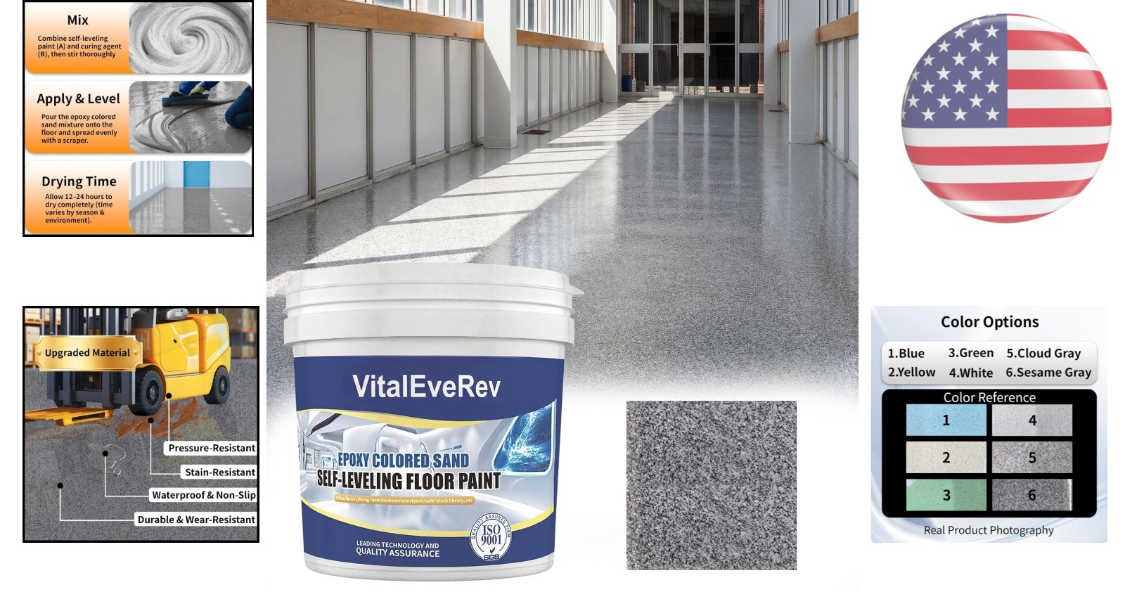Epoxy Colored Sand Floor Paint – High-Gloss Non-Slip Coating, 35oz Sesame Gray