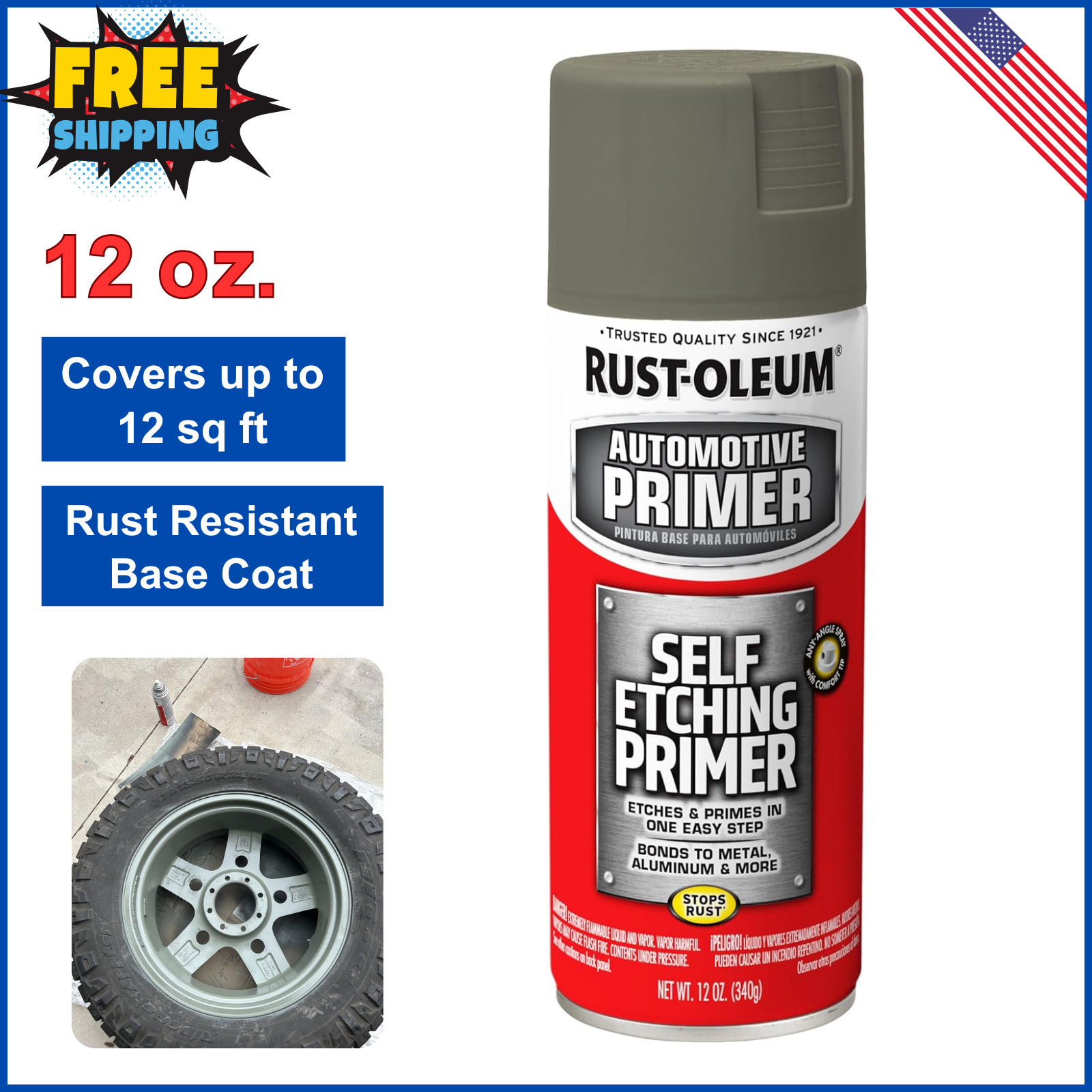 Rust-Oleum 249322 Automotive Self-Etching Primer, Matte Dark Green, 12 Ounce