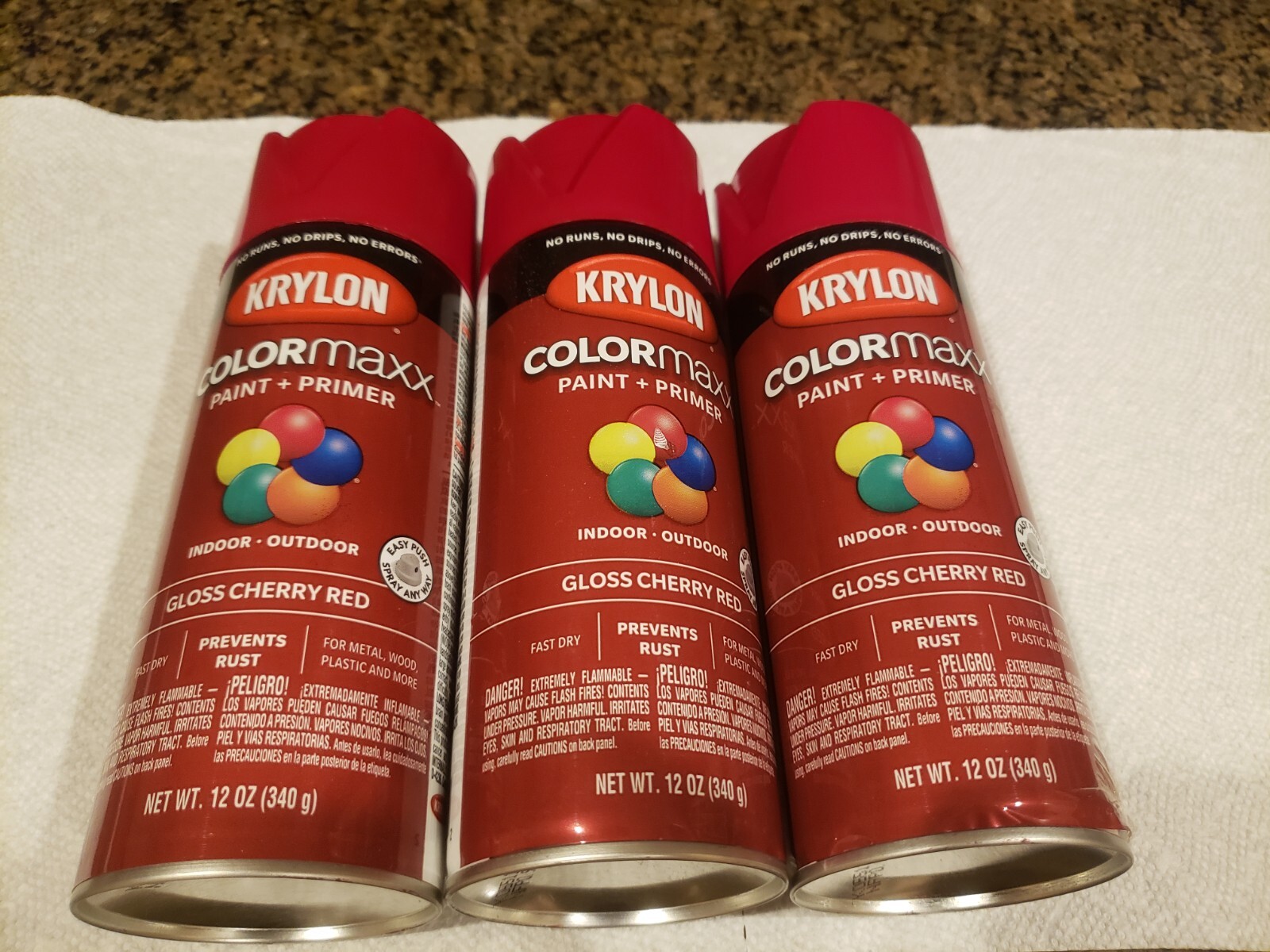 3 PACK Krylon Spray Paint &Primer Gloss cherry 12oz n/Outdoors Rust Protection