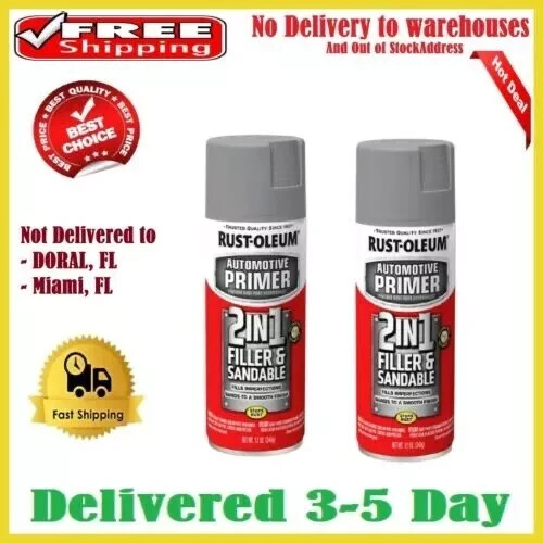 2 Pack Rust-Oleum Automotive 2 in 1 Filler Sandable Primer Spray Paint 12oz Gray