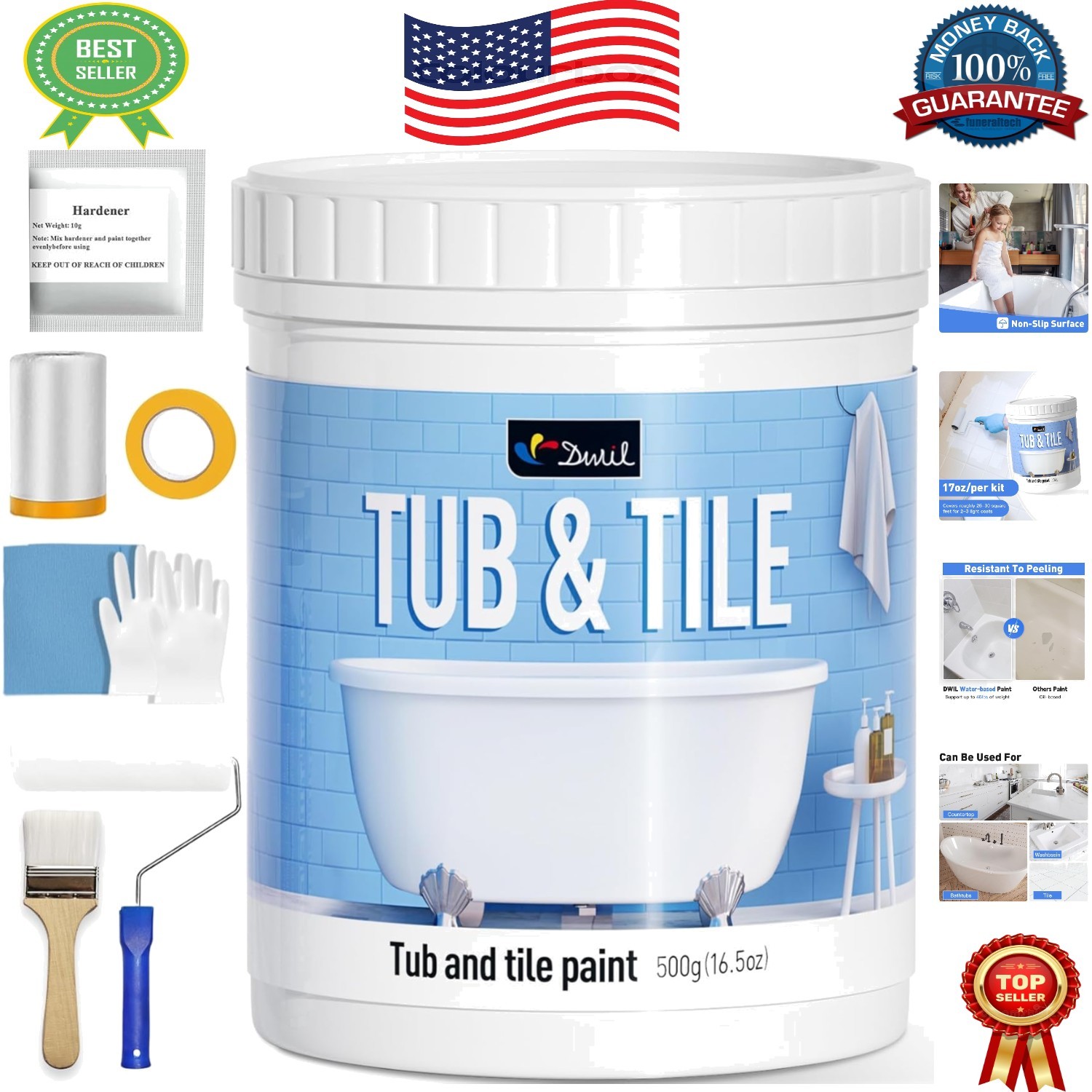 Water-Based Low Odor Tile Paint & Tub Refinishing Kit – 16.5oz, Semi-Gloss White