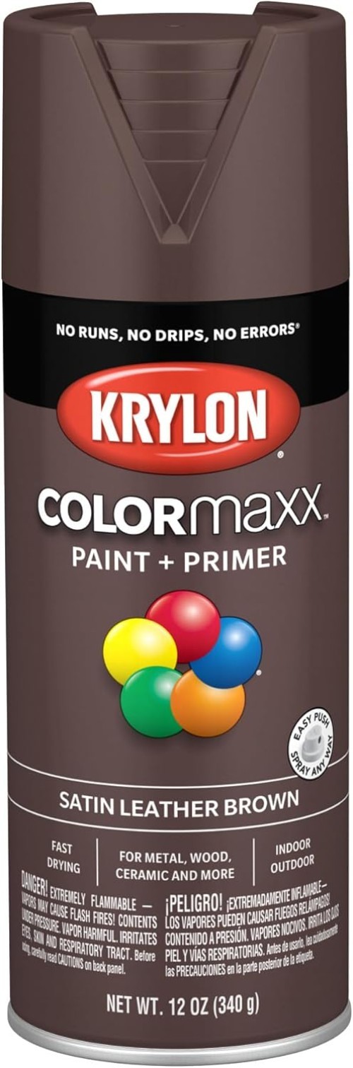 Fast-Drying 12oz Satin Leather Brown Spray Paint & Primer for Indoor/Outdoor Use