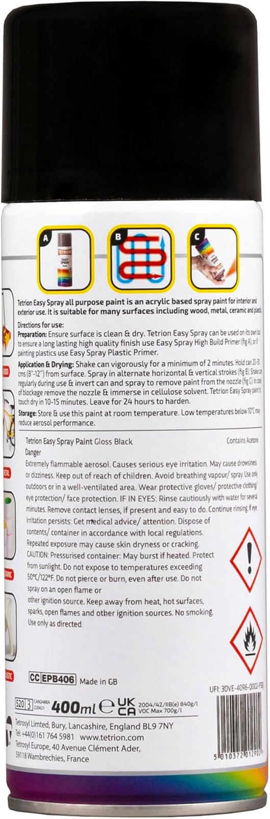 Easy Spray Paint – Gloss Black 400Ml – All-Purpose Fast Drying Acrylic Spray for