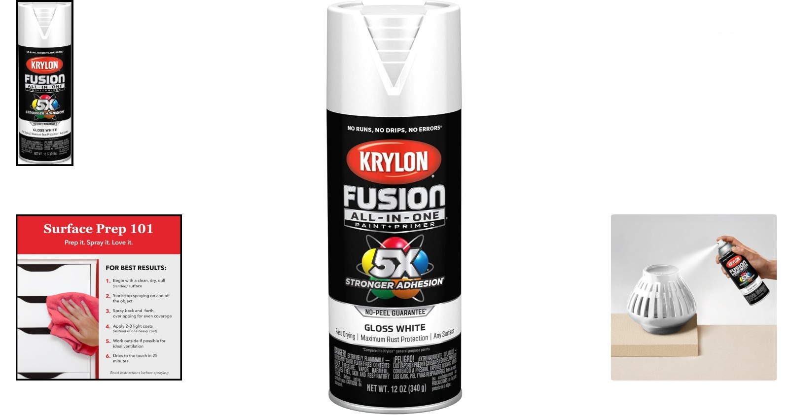 Water-Resistant All-In-One Spray Paint, 12 oz Gloss White for Indoor/Outdoor Use