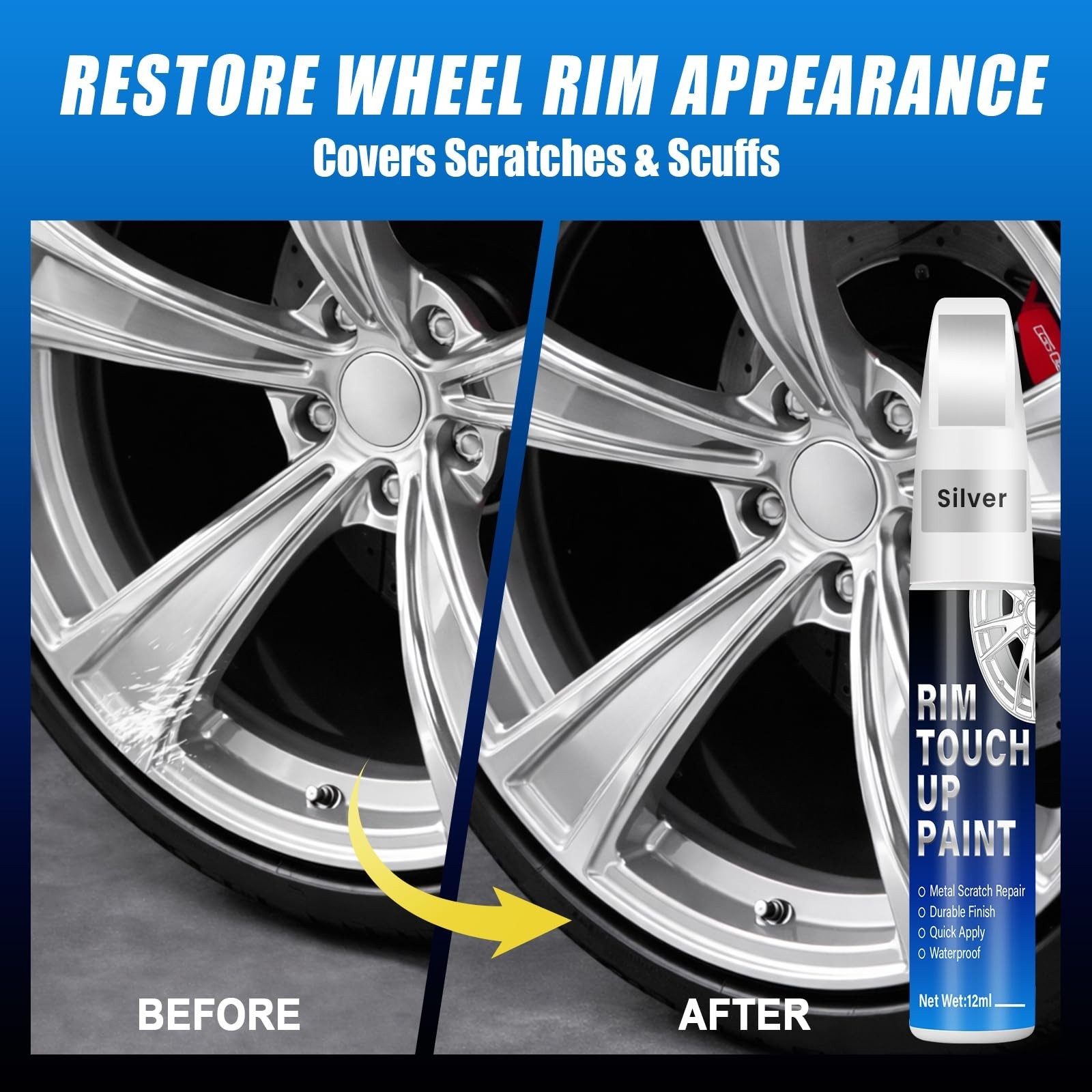 Universal Silver Rim Touch Up Paint – 2-in-1 Brush & Tip, Quick-Dry Curb Rash Re