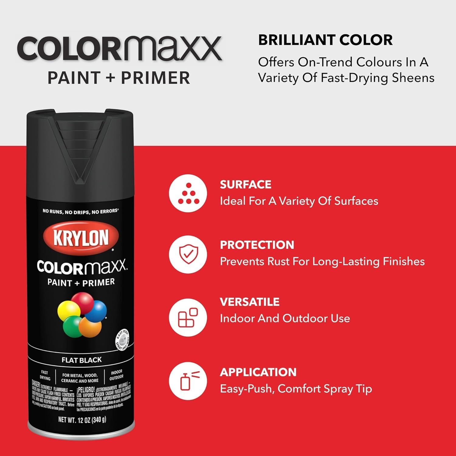 COLORmaxx 12 Oz. Fast-Drying Black Flat Spray Paint – Rust Resistant & Versatile