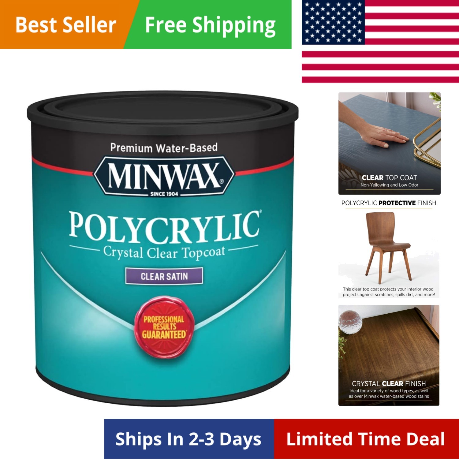 233334444 Polycrylic Protective Wood Finish, Clear Satin, ½ Pint
